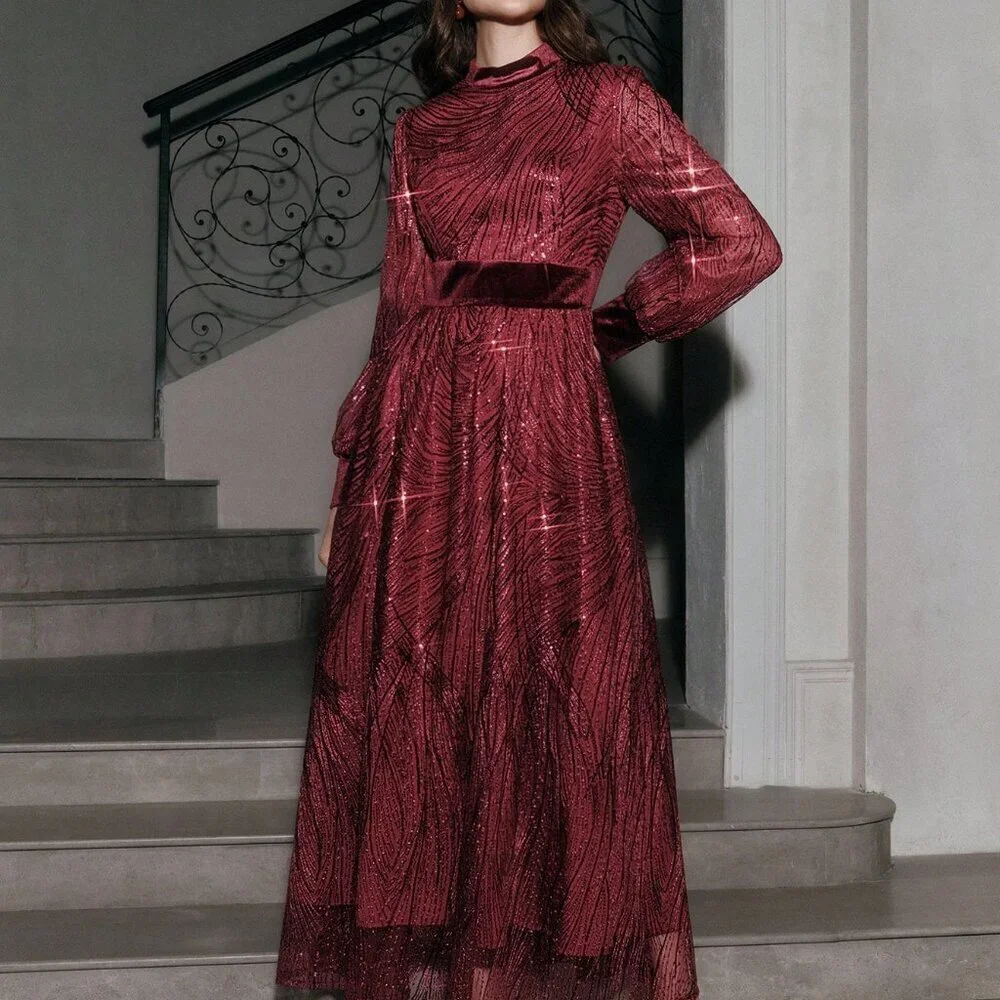 Burgundy Elegant Women's Sequin Velvet Patchwork Waist Dress